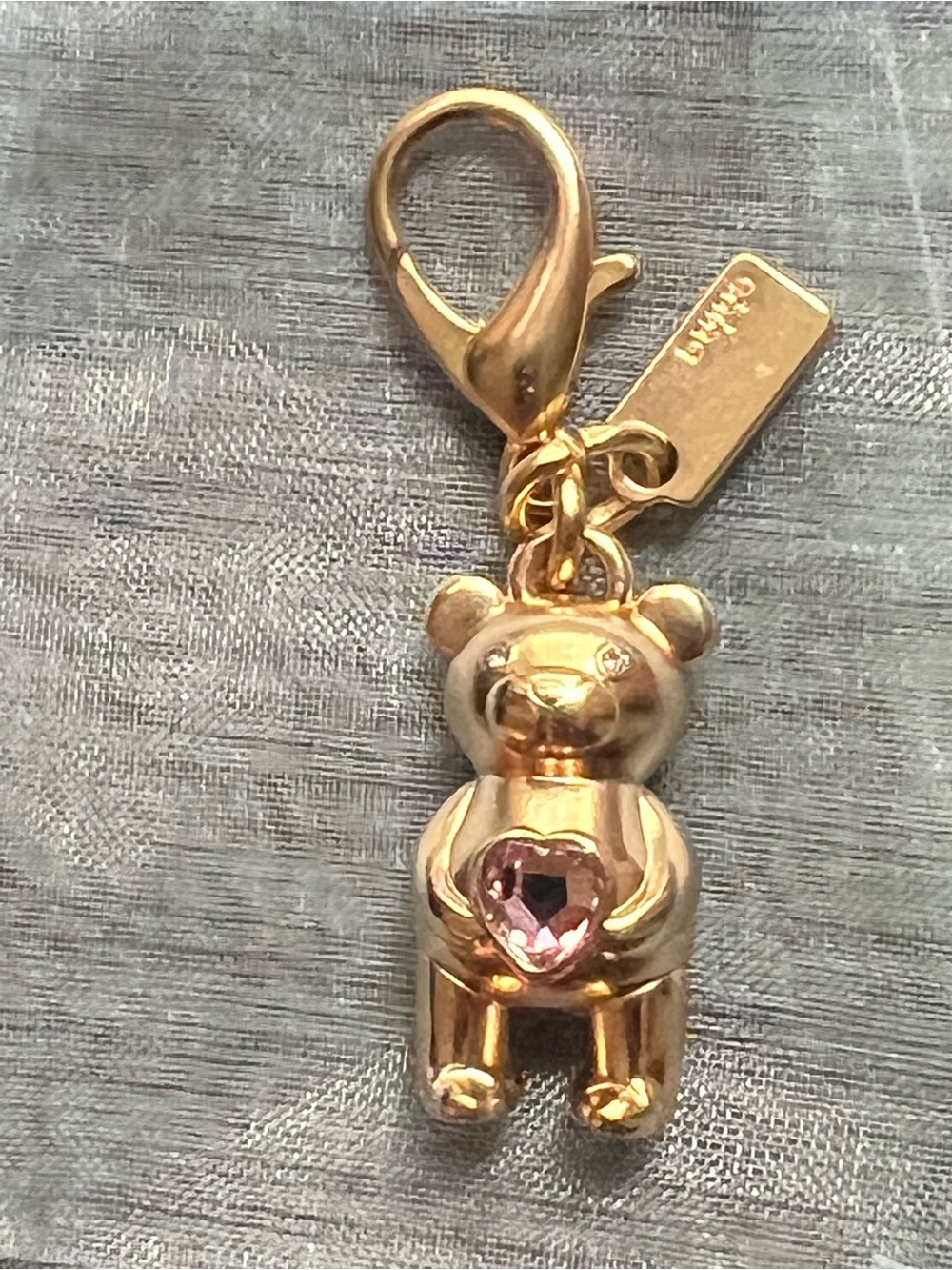 Coach Gold-tone Teddy Bear Charm with Pink Heart and crystal eyes
